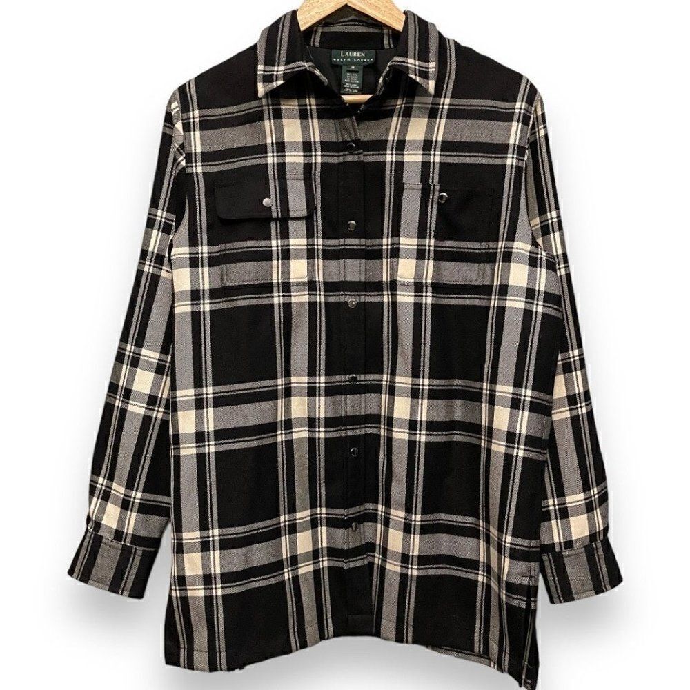 Lauren Ralph Lauren Black Plaid Button Down Shirt Jacket 100% Wool